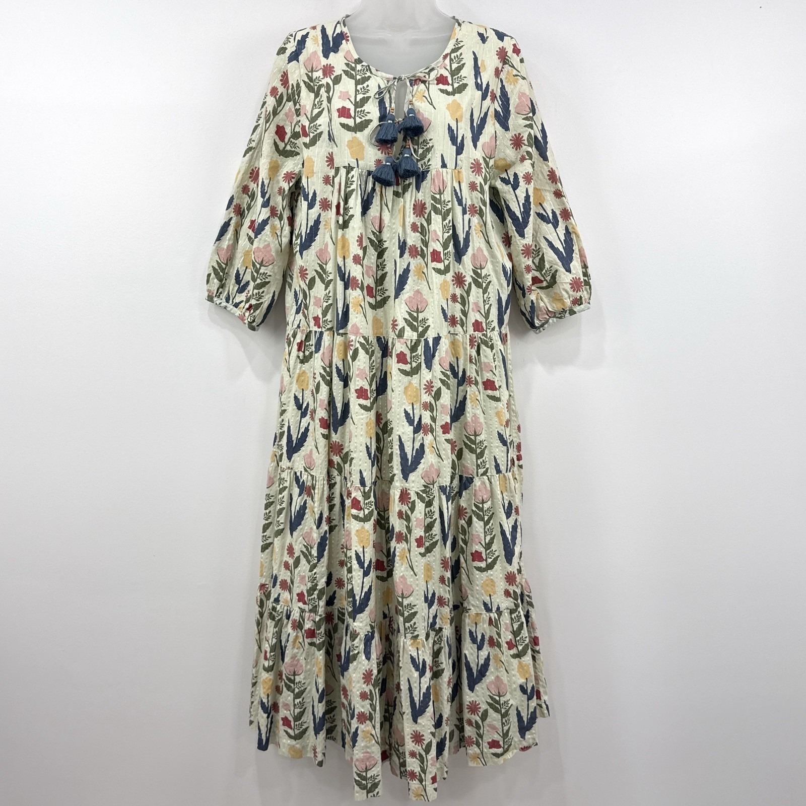 Pink Chicken Indira Dress M Garden Floral Cottagecore Modest Maxi Tassels Boho